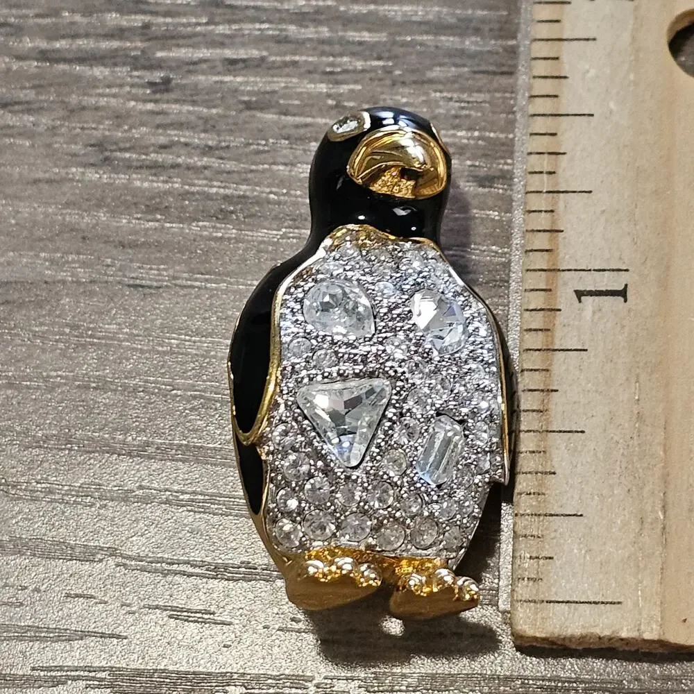 Swarovski Crystal Penguin Brooch with Gold Details
